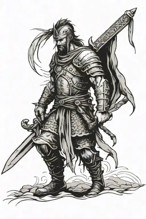 Warrior With Sword Walking Away Down Road Alone