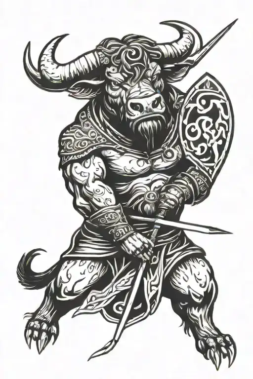 A Fierce-looking Bull With A Mane Wearing A Black And White Shield Holding A Spear