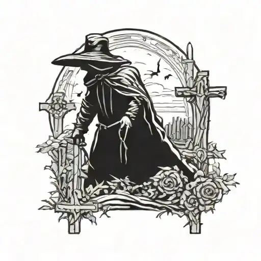 Black Plague Doctor With His Back To Death Beneath Them A Cemetery Full Of Crosses
