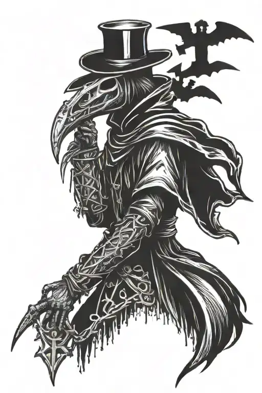 Black Plague Doctor With His Back To Death Beneath Them A Cemetery Full Of Crosses