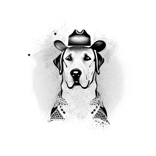 A Labrador Dog With A Cowboy Hat Coming From The Shadows