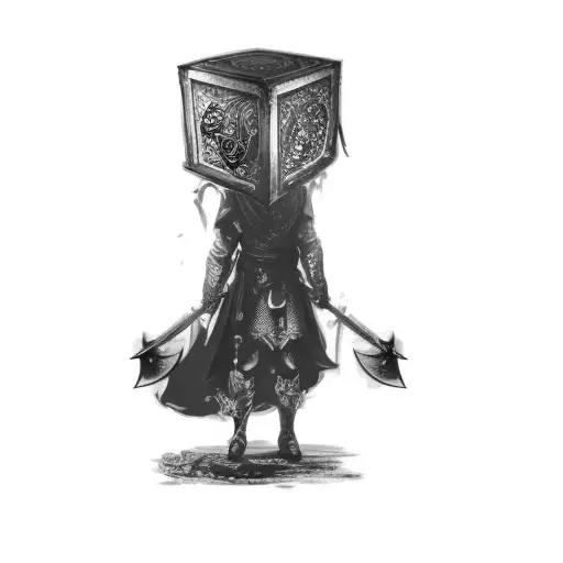 A Man Holding A Sword And A Box