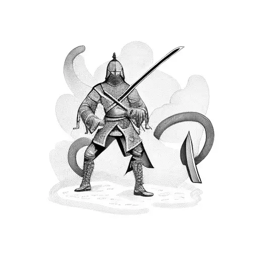 A Man Holding A Sword And A Box