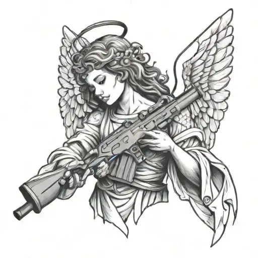 Angel With Wings Holding Rifle Intertwined