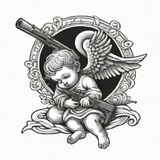 Baby Angel Holding Rifle Leaning