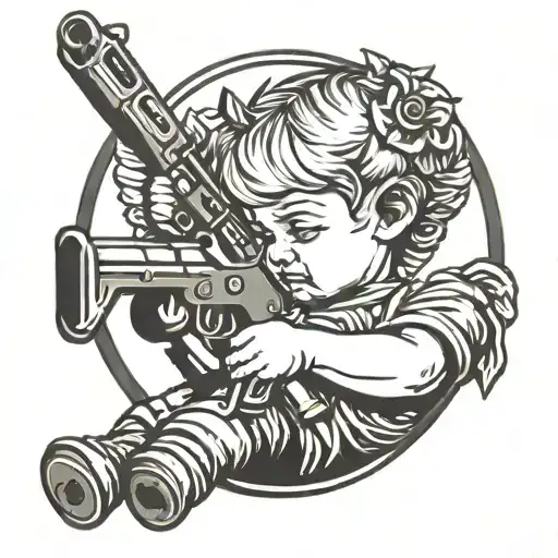 Baby Angel Holding Rifle Leaning Her Head