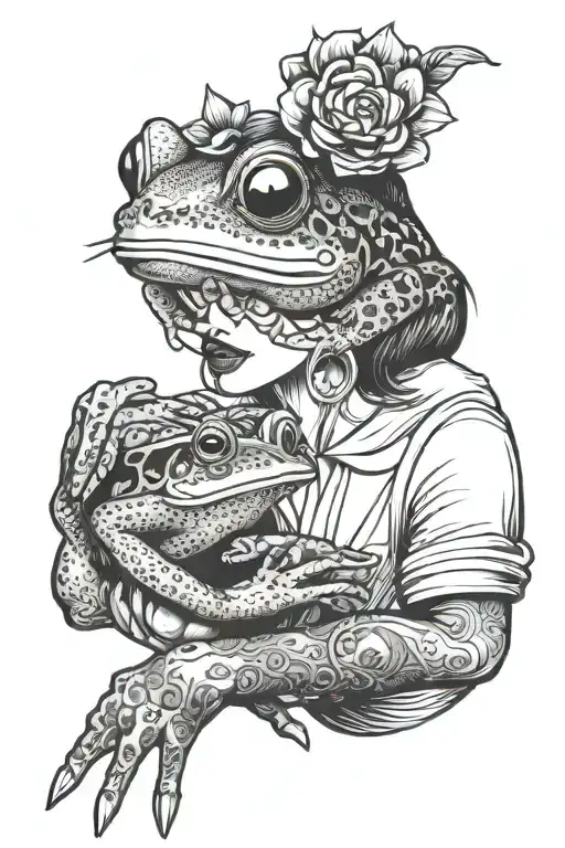 Beautiful And Dark Woman Holding A Frog In Her Open Hand And Giving It A Kiss Tattoo