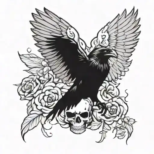 Raven With Wings Spread On A Skull