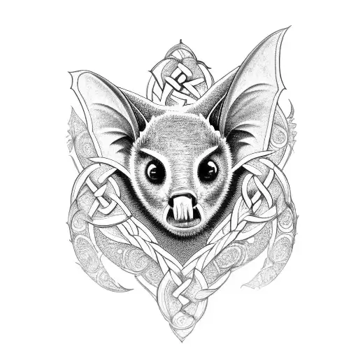 A Pagan-inspired Tattoo Showcasing A Majestic Fruit Bat Surrounded By Intricate Celtic Knotwork