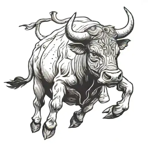 Tattoo Of A Bull With 1 Leg On Top Of The Spanish Flag In Black Ink