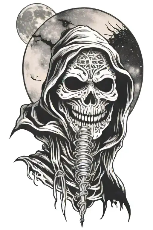 Death Holding Schyte Wearing Anonymous Mask With Moon Background