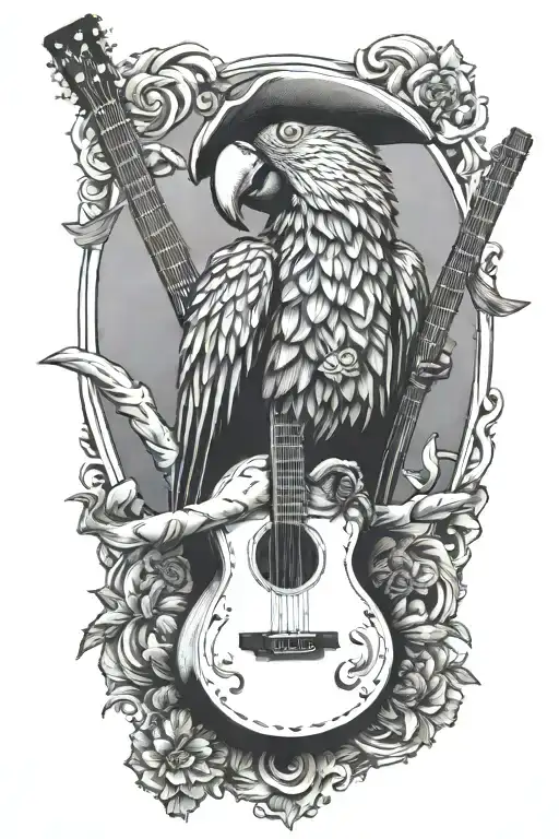 Parrot Pirate Hat Perched On Guitar