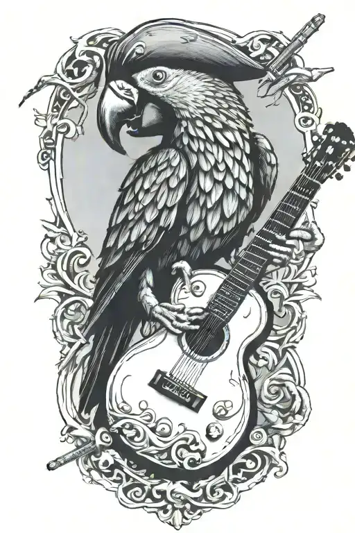 Parrot Pirate Hat Perched On Guitar