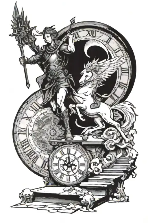 Sagittarius Warrior Walking Up On Stairs Towards Gabriel The Archangel In Front Of A Clock