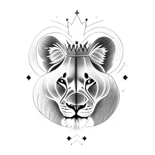 Lioness With Three Baby Lions With Crown And A Baby Lioness With A Bow