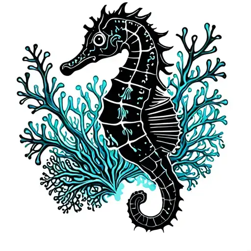 Black Seahorse With Bright Colour Coral
