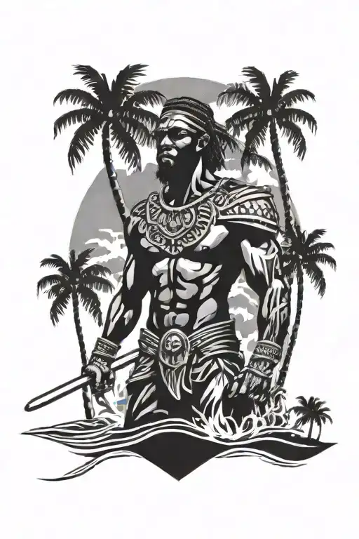 A Black Warrior On A Beach Surrounded By Palm Trees