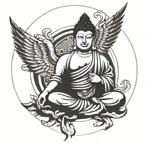 Budha In Black Circle With Phoenix Wings On Sight