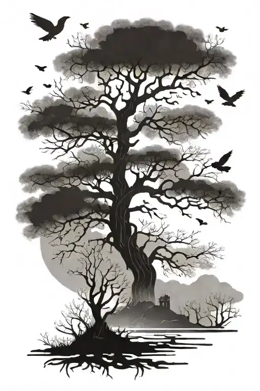 Poison Tree With No Leaves Fog And Birds