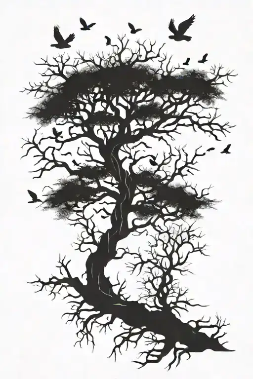 Dead Poison Tree With No Leaves And Birds Flying