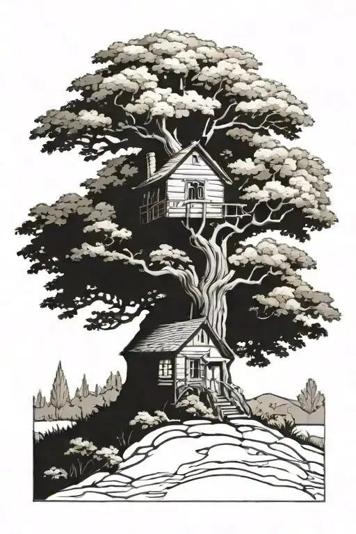 Cottage Under A Large Oak Tree With A Giant Serpent Protecting The Cottage