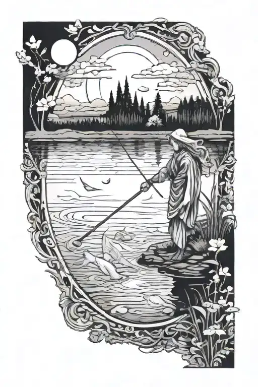 An Angelic Figure Fishing In A Serene Lake With Time Passing In The Background