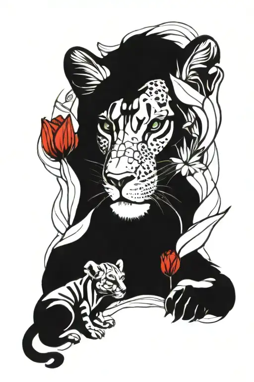 Lioness With Green Eyes Baby Cub Surrounded By Lilium Red Lily's