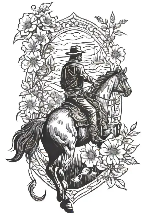 Western And Skull And Cowboy And Horse And Wildflowers