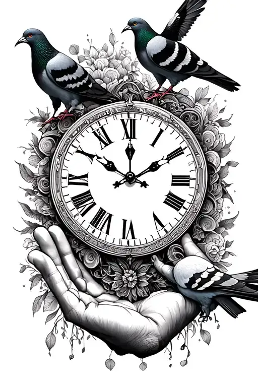 Clock And Pigeons And 2 Hand Reaching