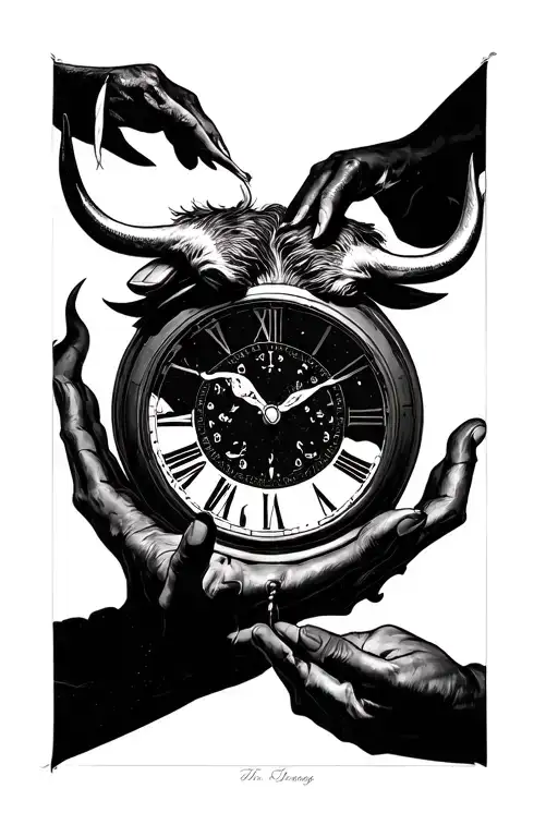 Clock And Taurus And 2 Hand Reaching Towards