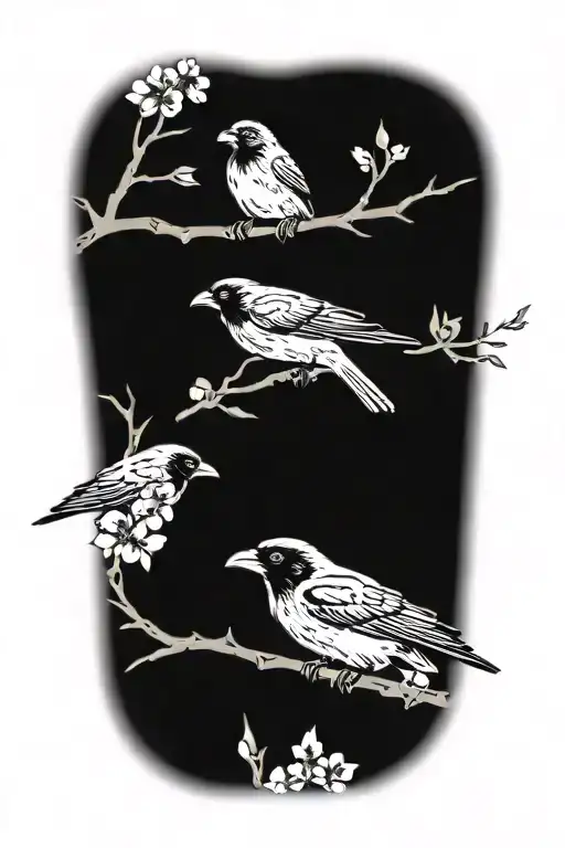 1 Black And Grey Cherry Tree Branch With Black And Grey Blossoms And 3 Small Ravens Forearm