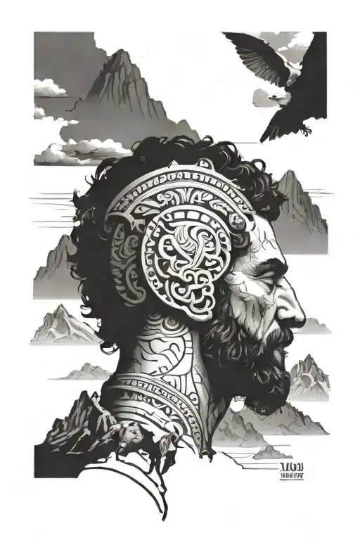 Marcus Aurelius Face With Elephant Head And Mountains Behind