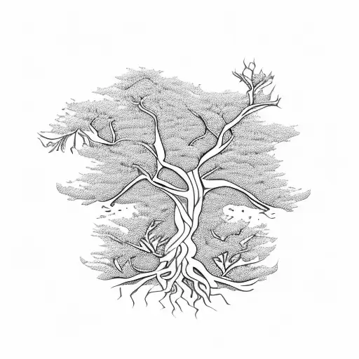 A Majestic Tree With Intricate Roots And Branches Intertwined With Delicate Flowers