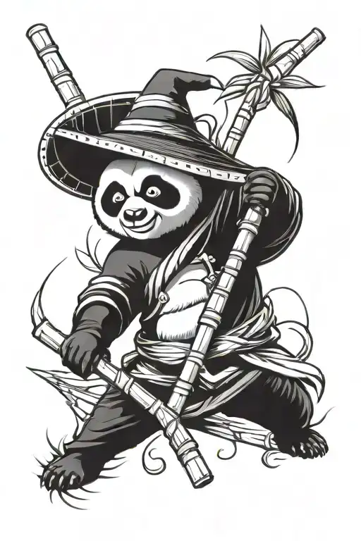 Kung Fu Panda Staning On A Bamboo Cane With Asian Hat On