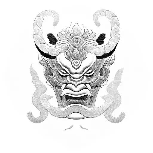 Oni Mask With Snake And Lotus Flowers