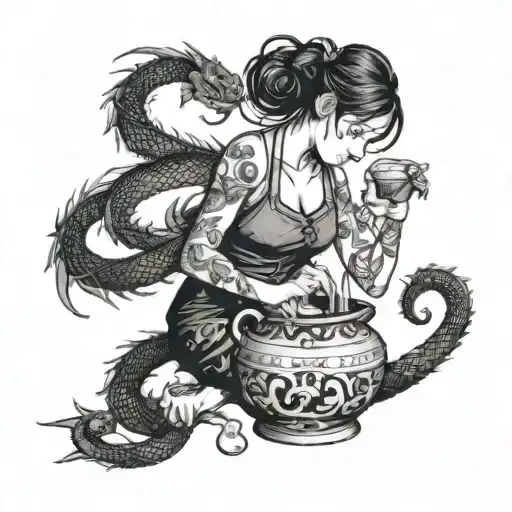A Girl Pours Water From A Jug And A Dragon Wraps Her Tail Around Her