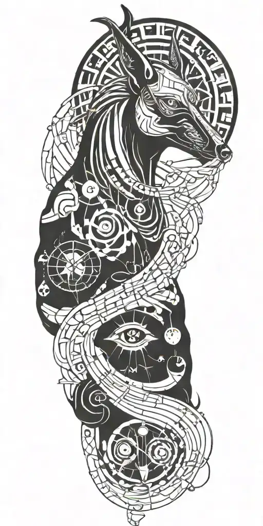 An Anubis-inspired Design Incorporating Scientific Symbols Like Dna Strands Or Molecules