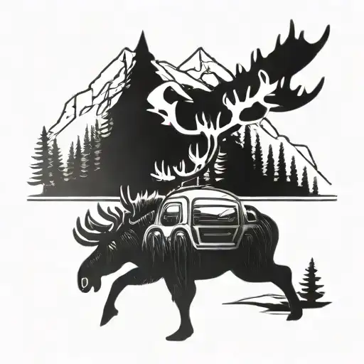 Full Grown Moose With Car Driving Through Mountain's Inside The Outline Of The Moose
