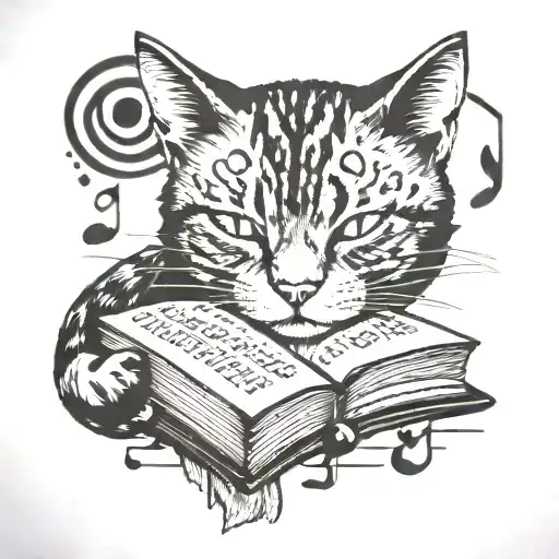 A Tattoo Of A Cat Reading A Book With Musical Notes Floating Around It