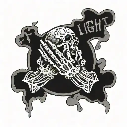 Skeleton Praying Hands Holding And Text Above That Says Fight Dealer