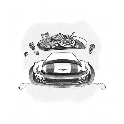 A Sketch Of A Mustang Car Surrounded By Various Food Items