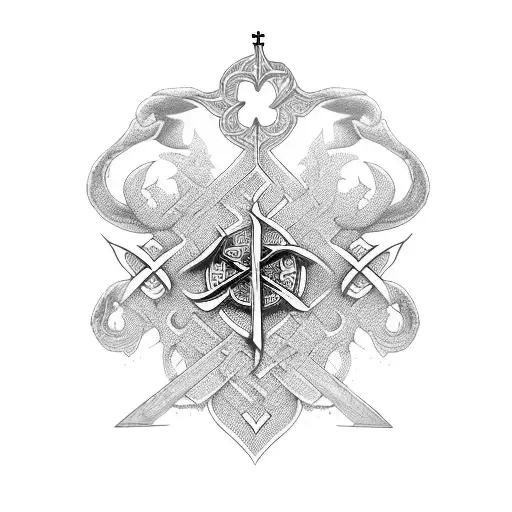 A Pair Of Crossed Knifes Adorned With Religious Symbols And Intricate Patterns