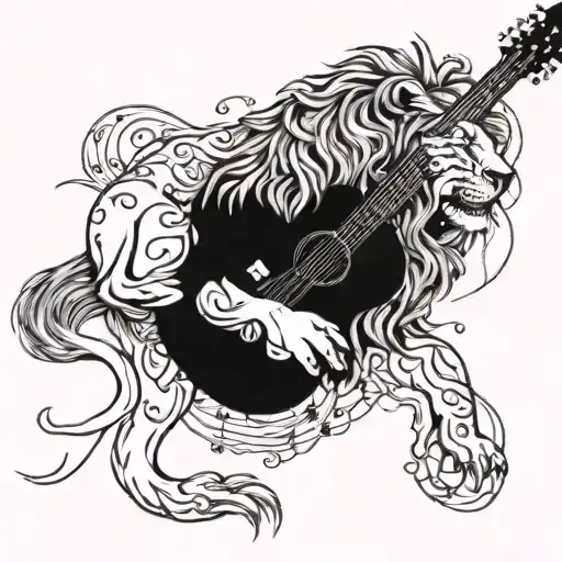 A Lion Playing A Guitar Surrounded By Musical Notes And Symbols