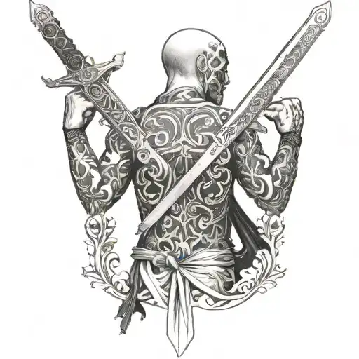 Sword Covering Full Back Male Tatto