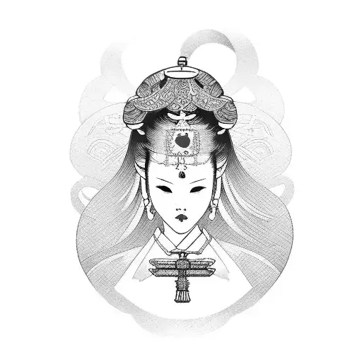 A Blackwork Tattoo Of A Japanese Geisha Wearing An Ankh Necklace