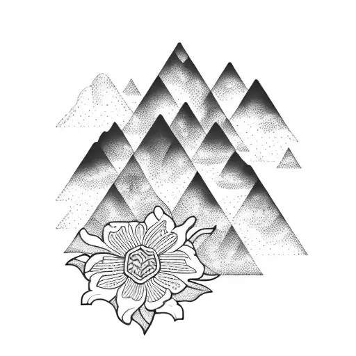 A Blackwork Tattoo Of A Mountain Range With Flowers Blooming At The Base