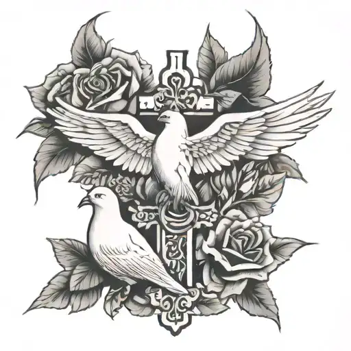 Dove And Roses With A Cross