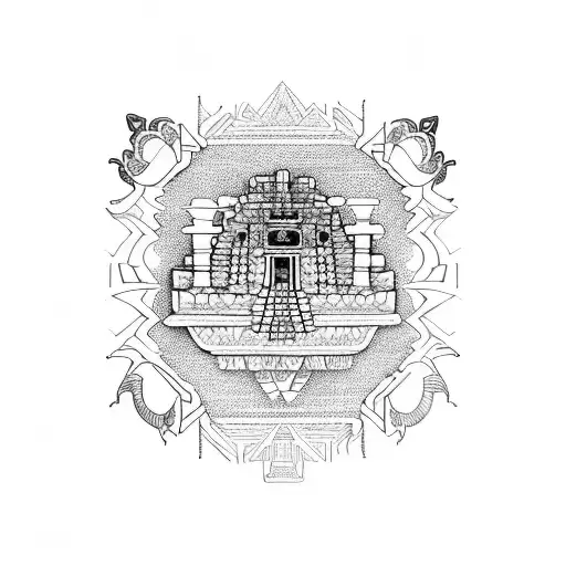 A Blackwork Tattoo Of A Mayan Temple Surrounded By Psychedelic Patterns And Ufos