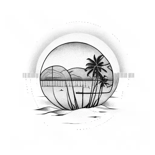 A Serene Beach Sunset With Palm Trees And A Basketball Hoop