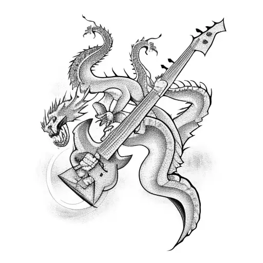 A Fierce Dragon Playing A Bass Guitar In Blackwork Style